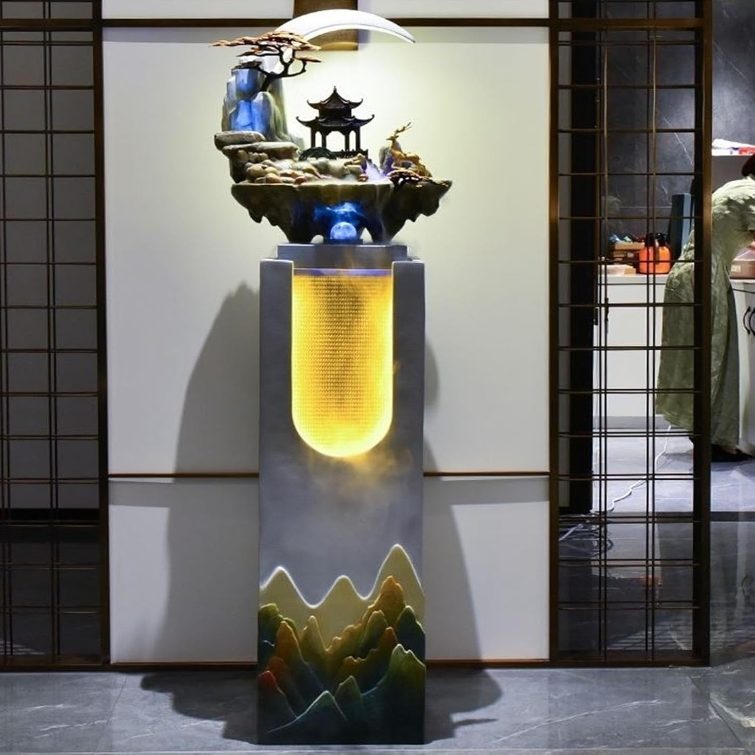 HASMI Yellow Fountain Floor Standing Fountain with LED Lights and Artificial Rockery