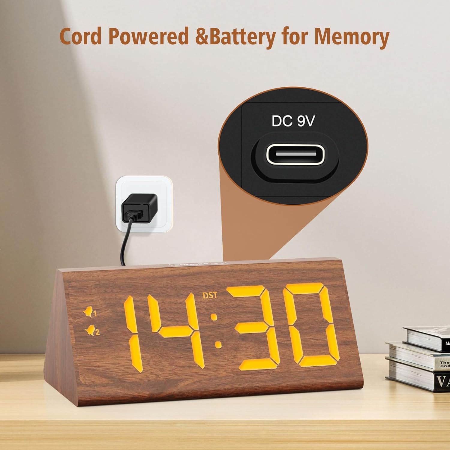 Wooden Digital Alarm Clock with Dual USB Ports and Dimmer
