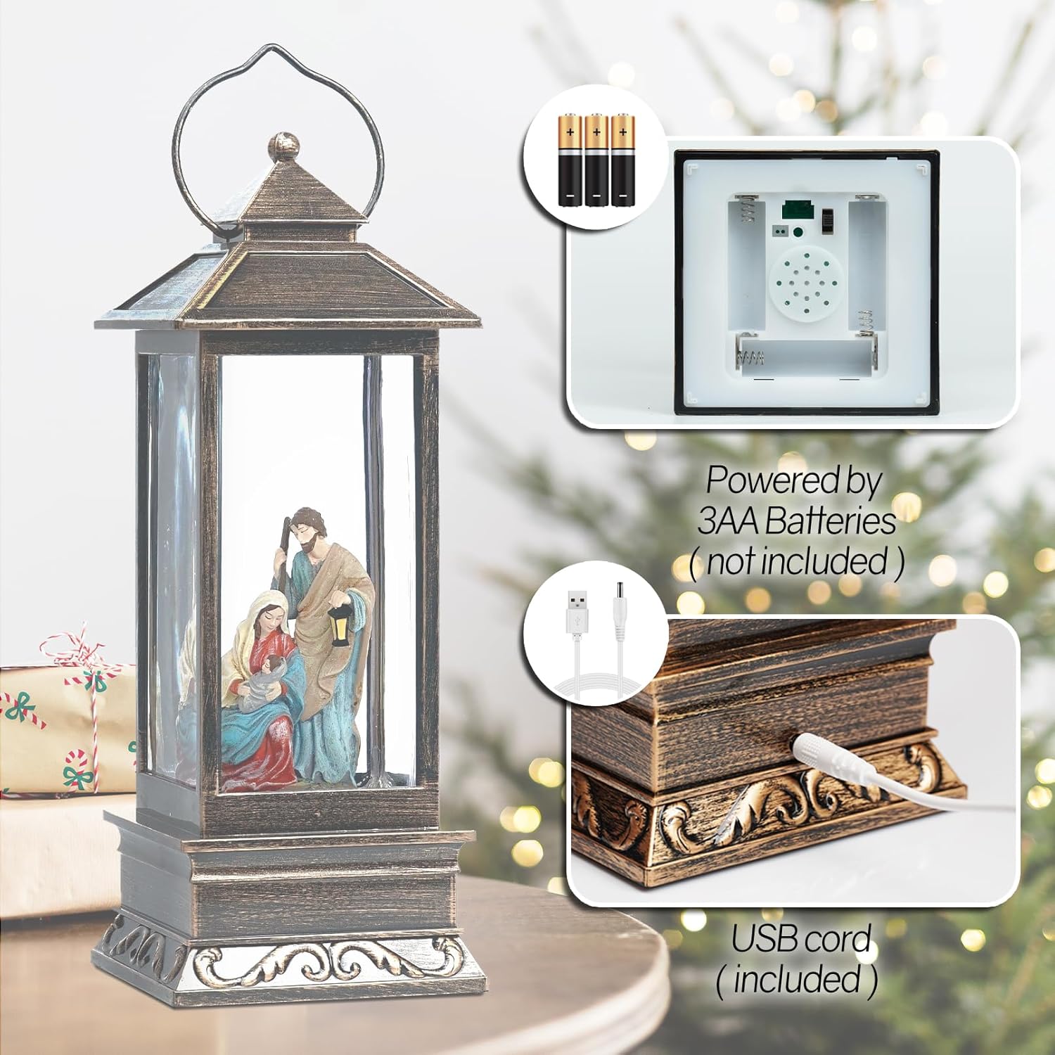 12 Inch Christmas Snow Globe with Nativity Scene and Music LED Light Lantern - USB or Battery Operated Home Decor Gift