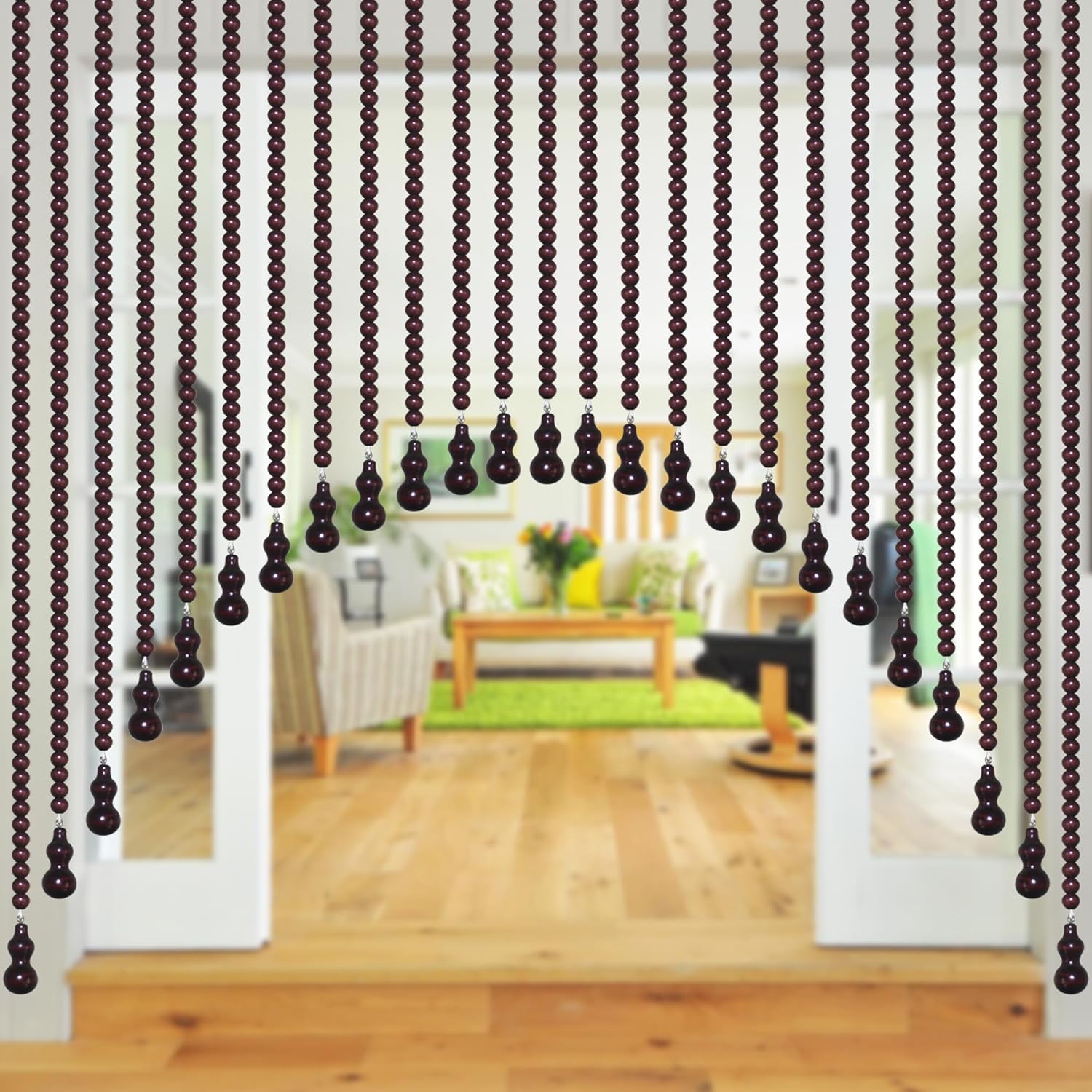 Wood Beaded Door Curtain Self-Adhesive Wine Red 25 String Boho Decor