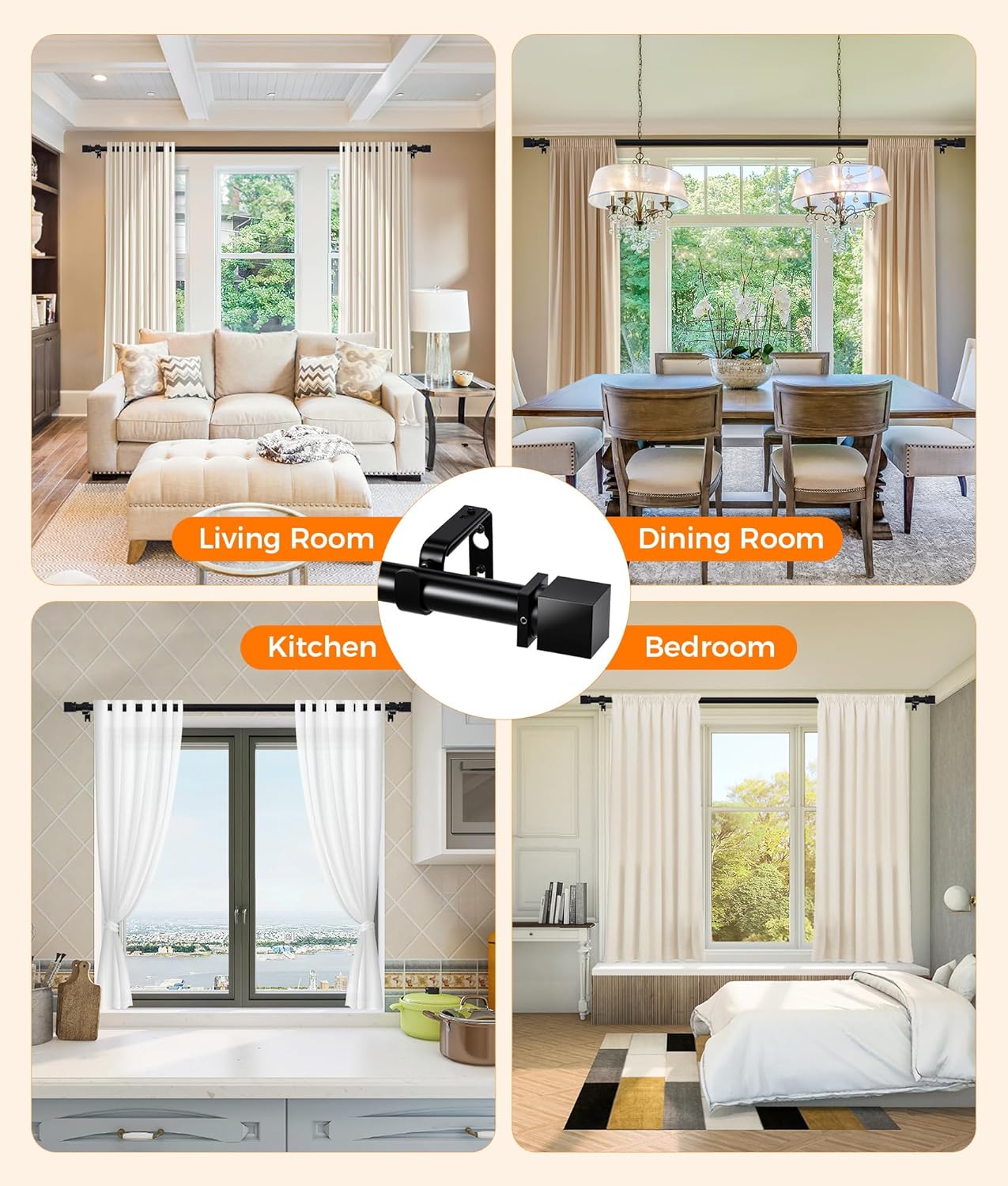 Adjustable Black Metal Curtain Rod 32-72 Inches