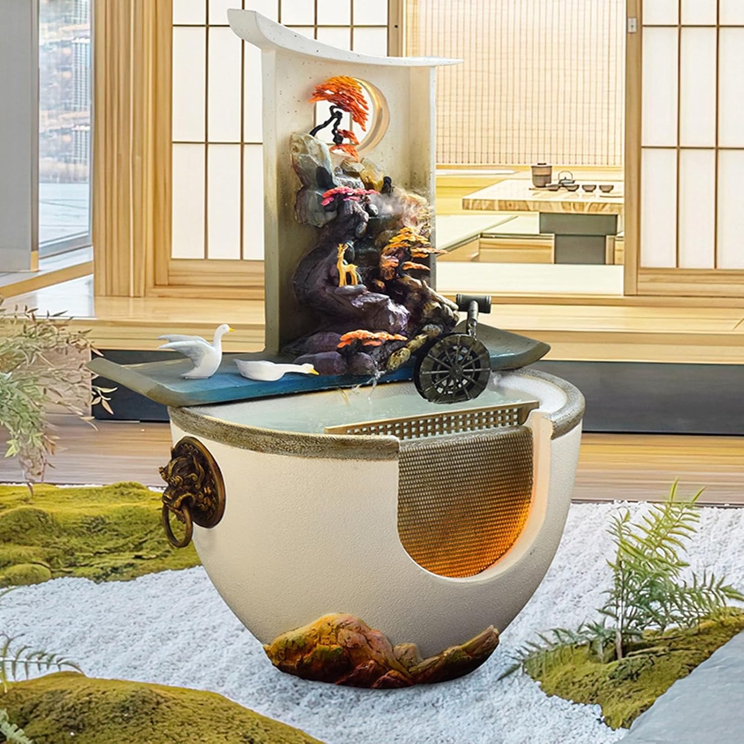 Modern Floor-Standing Waterfall Fountain with Feng Shui Wheel and Fish Pond