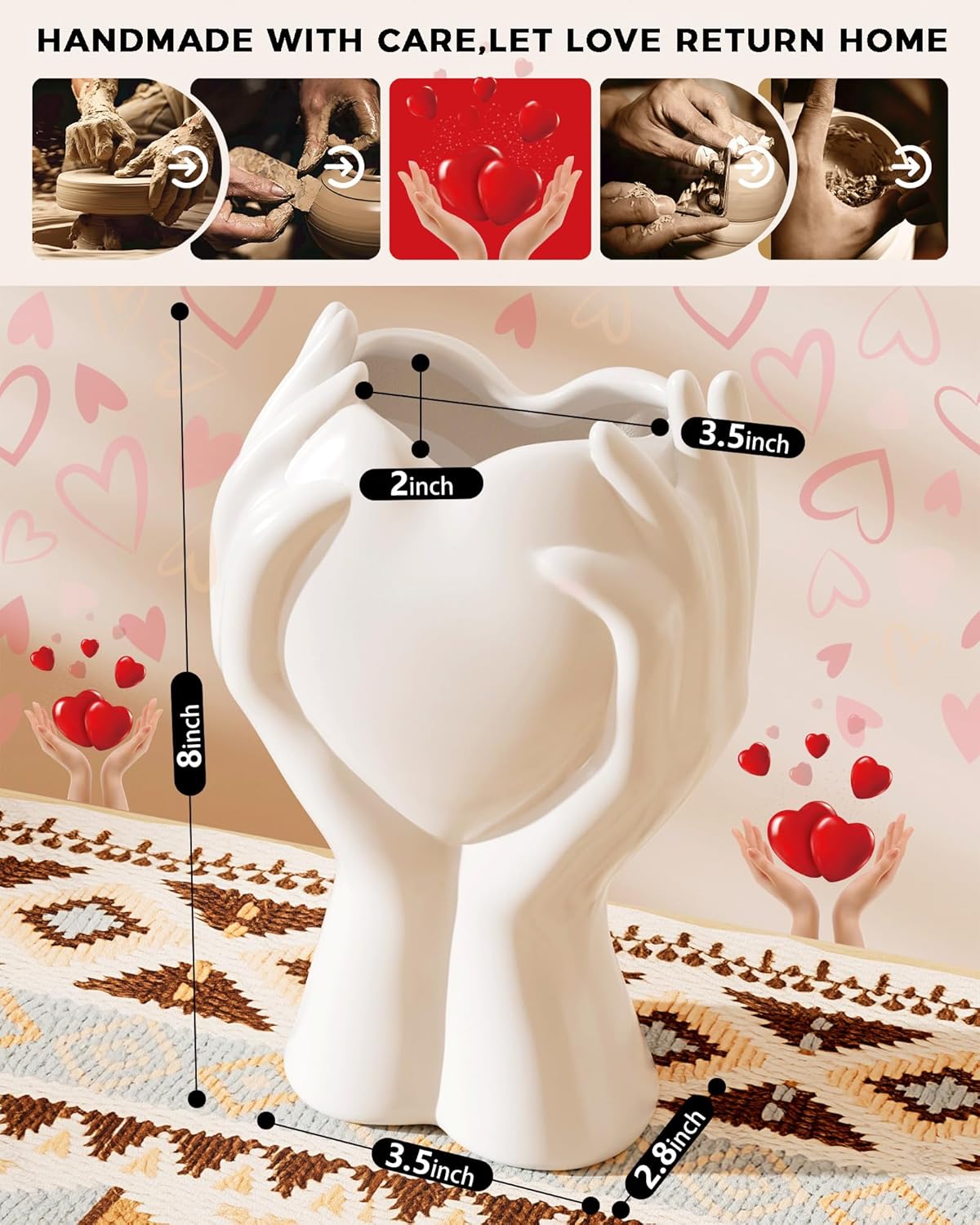 Heart Hands Love White Ceramic Vase - Small