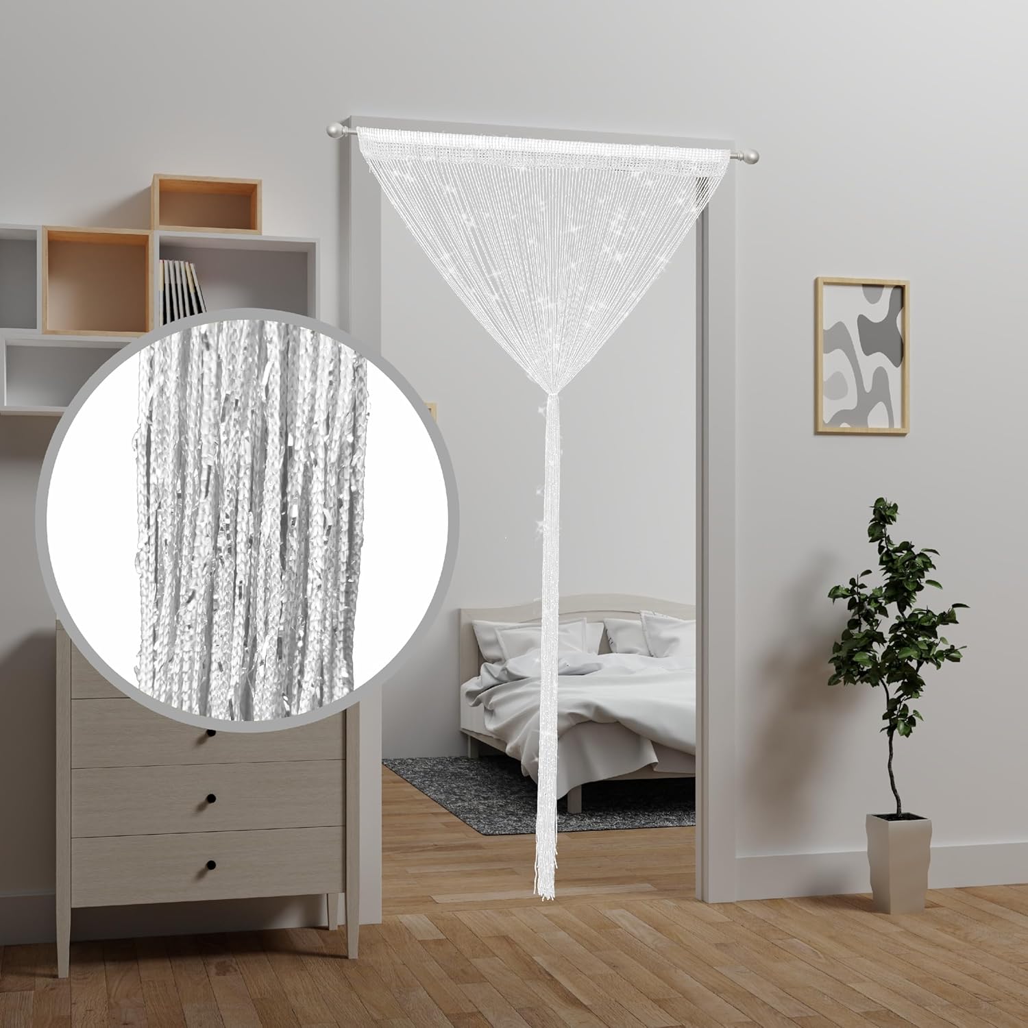 4 Piece White Beaded Curtain with Tassel Hanging Room Divider Decor Panel for Doors and Windows