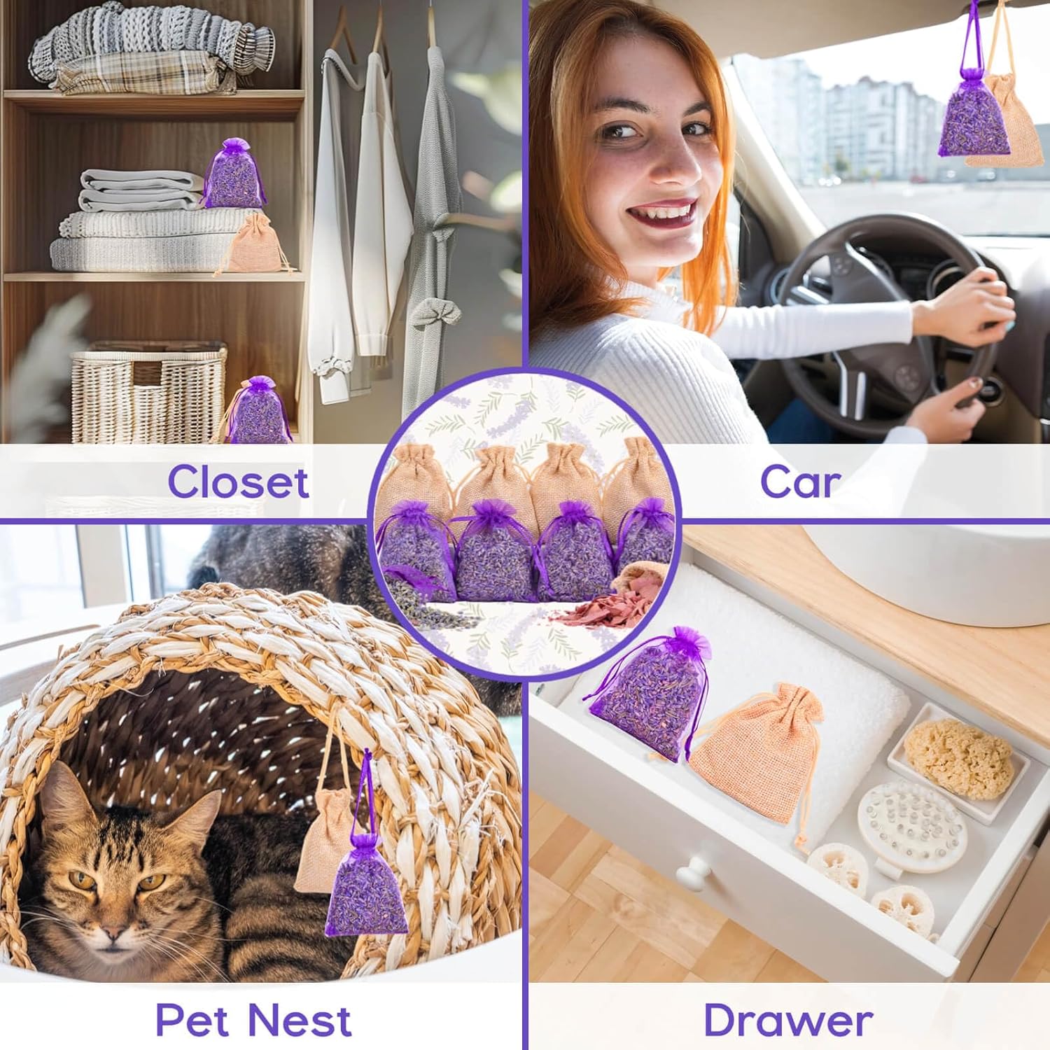 16 Pack Lavender Sachet Bags Cedar Chips Set - Natural Premium Dried Lavender Flowers for Home Fragrance