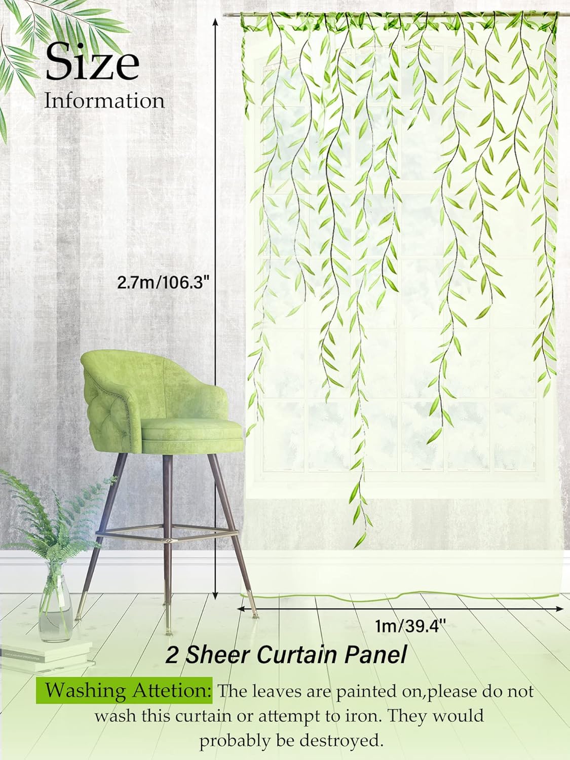 Breling Green Leaf Sheer Curtains 2 Piece Set
