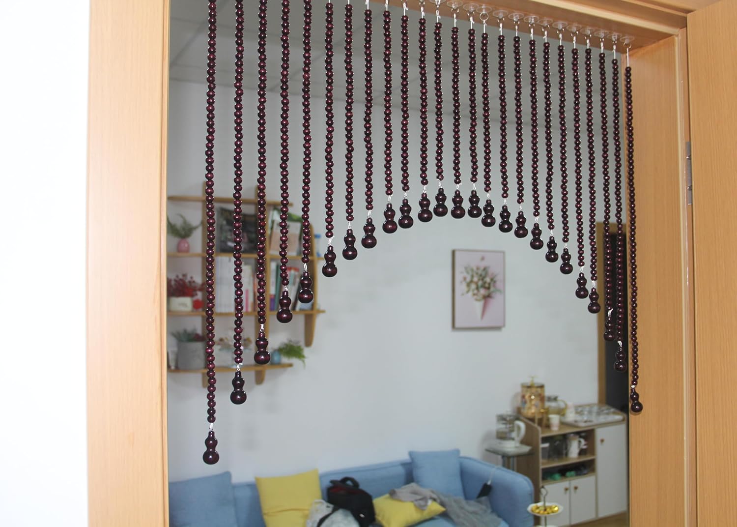 Wood Beaded Door Curtain Self-Adhesive Wine Red 25 String Boho Decor