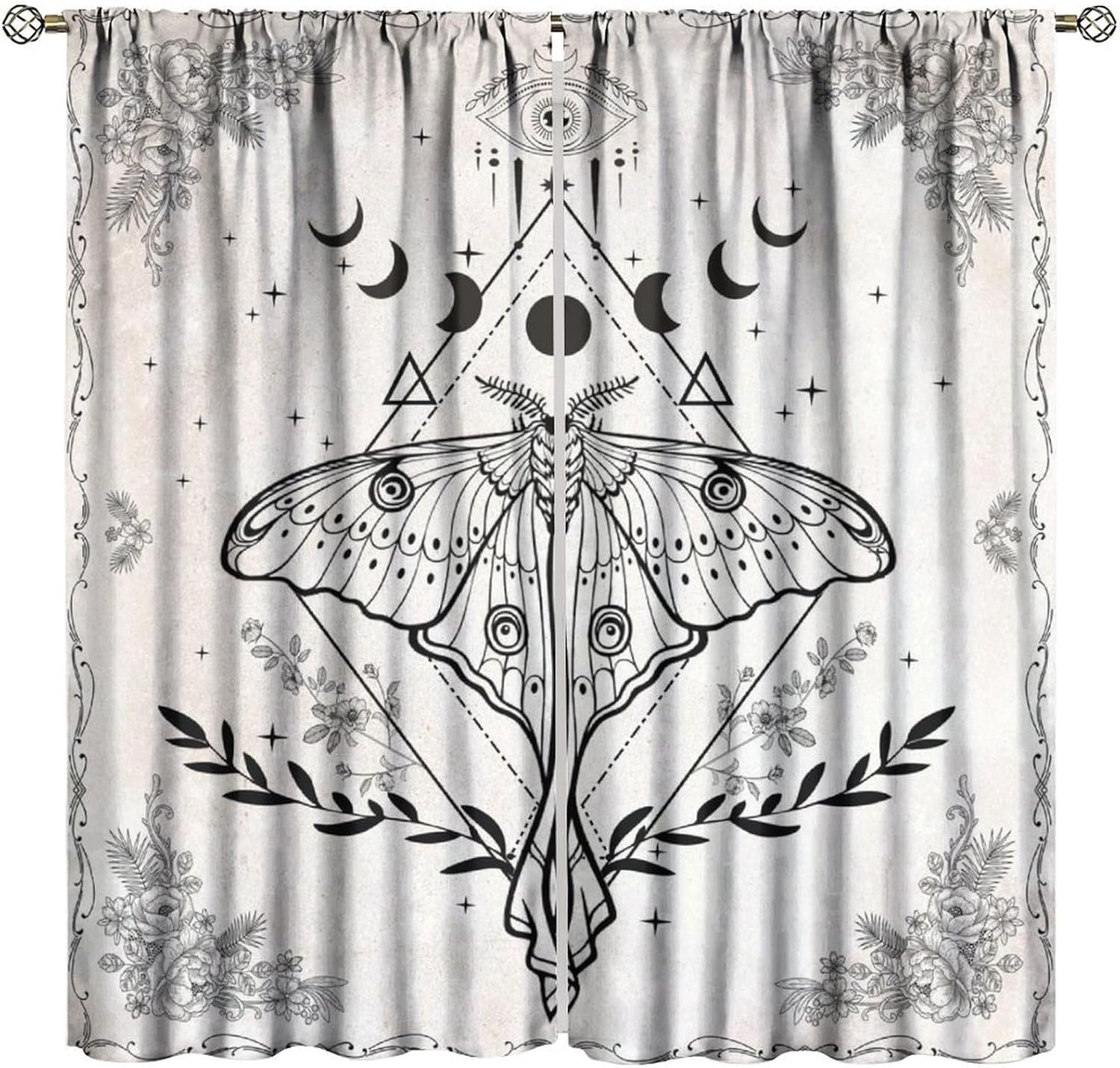 Vintage Boho Moth Curtains with Floral Design 21x45in x2 Panels