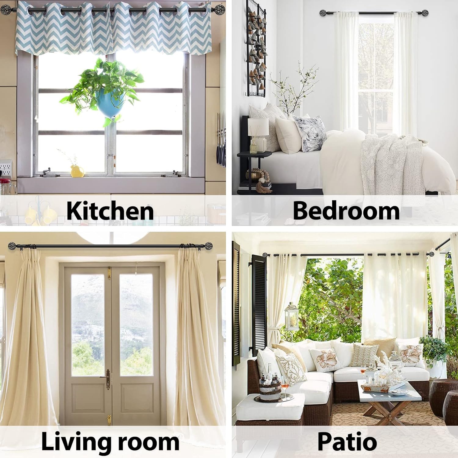 1 Inch Black Curtain Rods with Ball Cage Finials