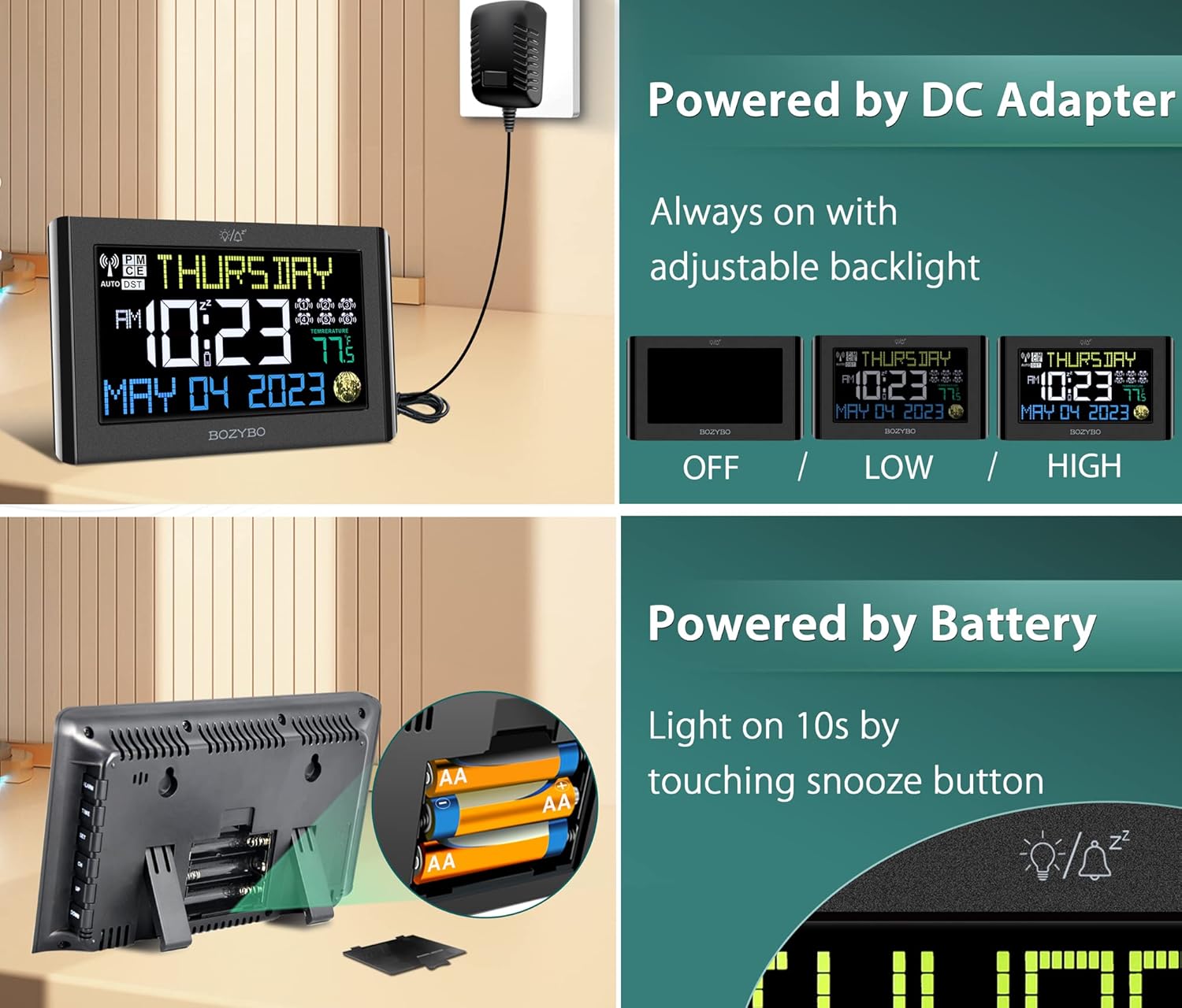 BOZYBO Digital Clock with 6 Alarms and Temperature