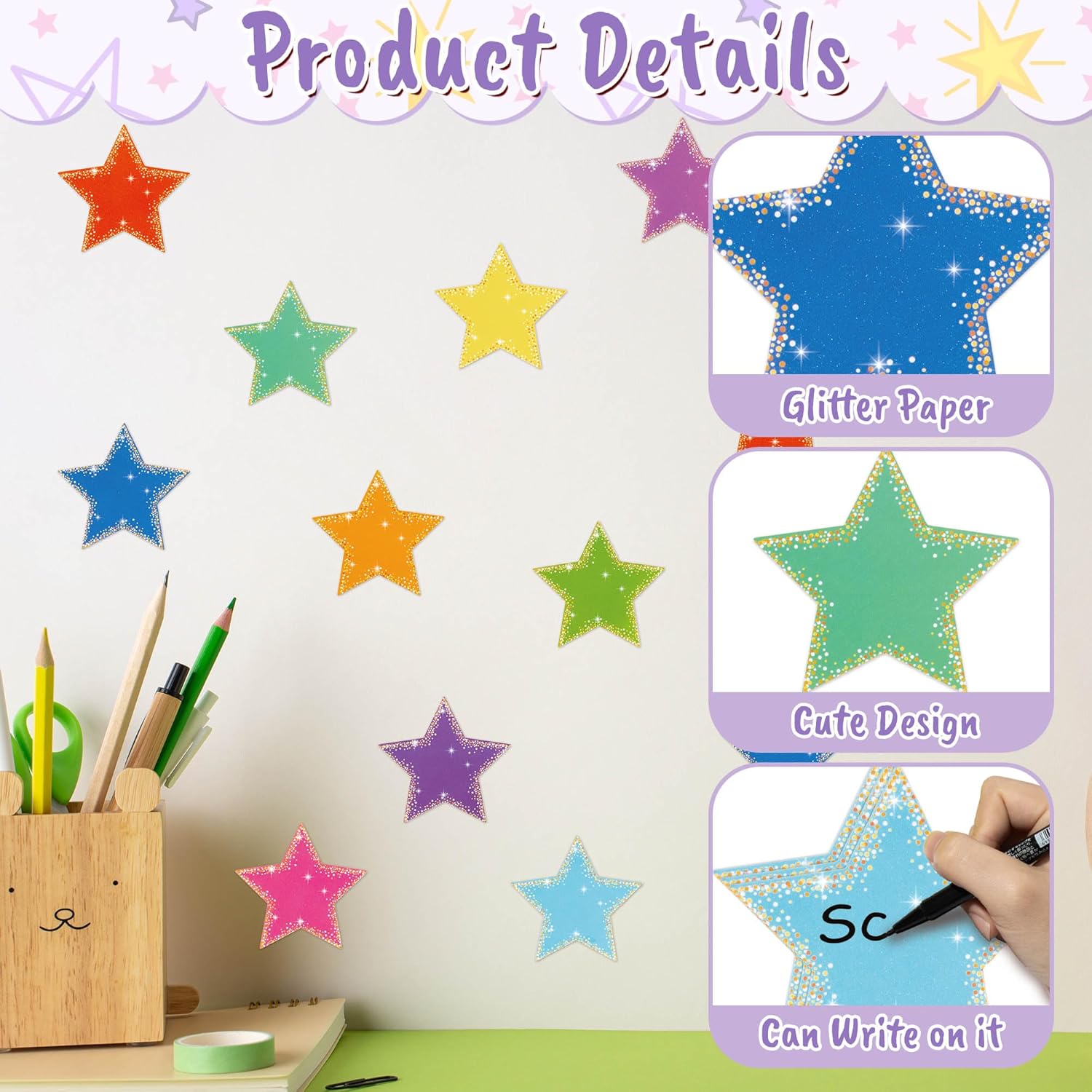 Glitter Star Cutouts 100Pcs Assorted Color DIY Decorations