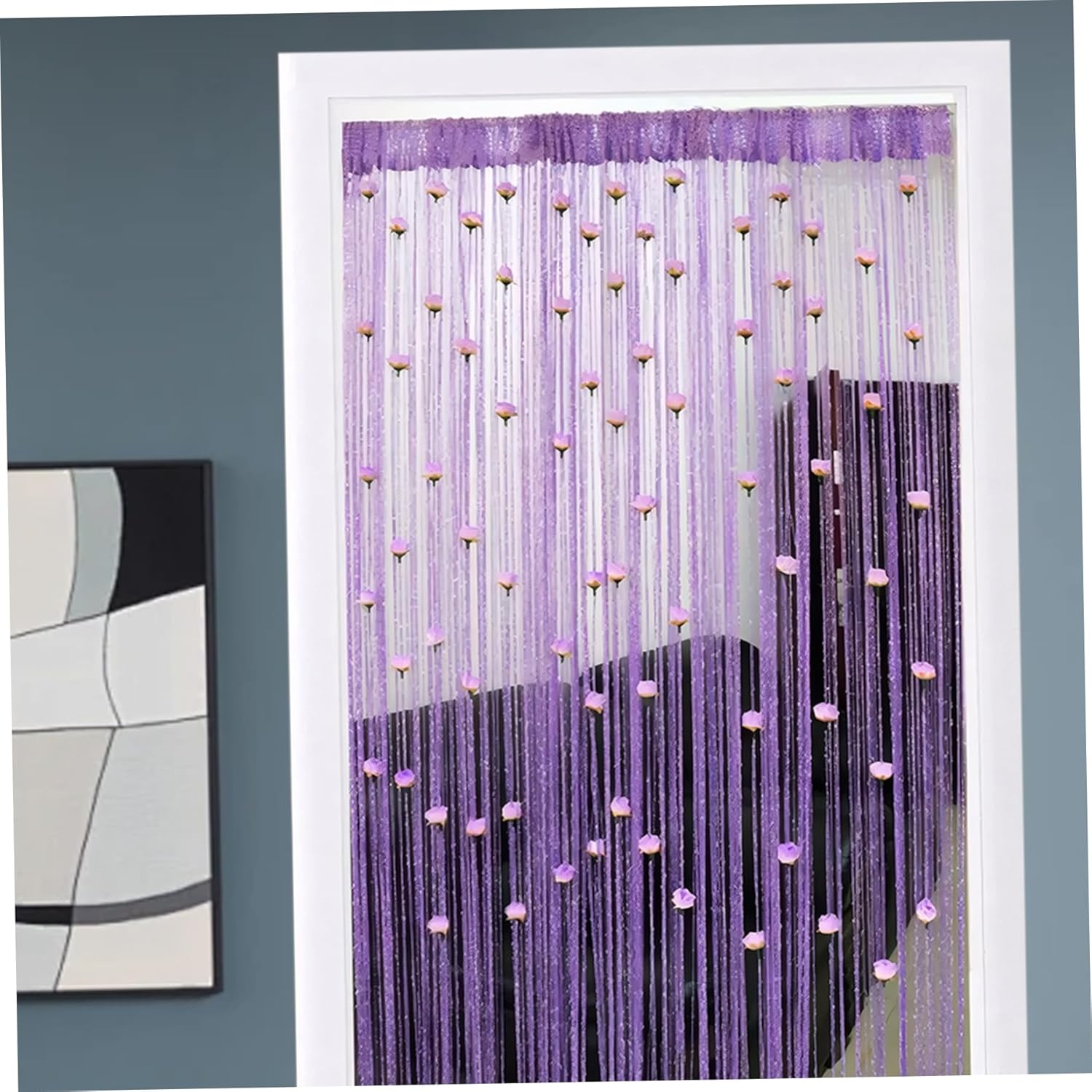 Beaded Door Curtain with Rose Rod Pocket Thread Fringe Decor