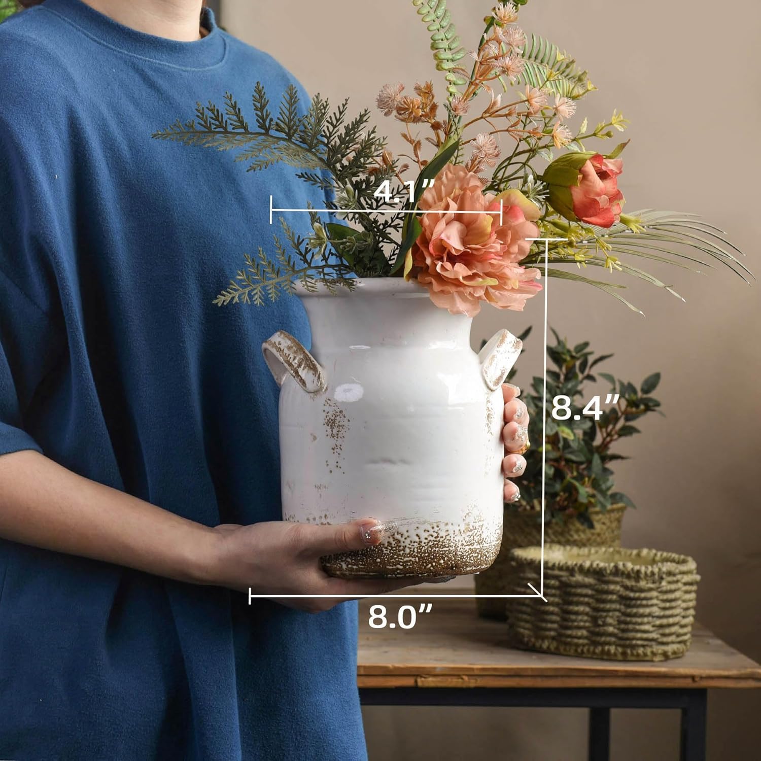 Quoowiit Ceramic Rustic Farmhouse Vase Distressed Decorative Flower Vase for Home Decor