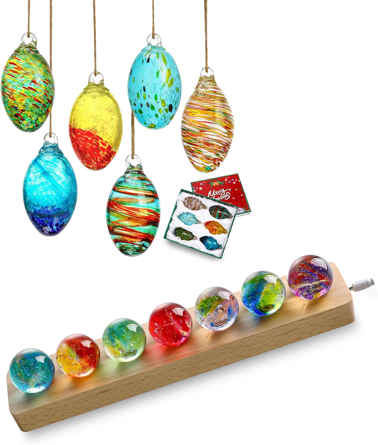 7 Chakra Healing Glass Egg Ornaments with LED Stand 6pcs