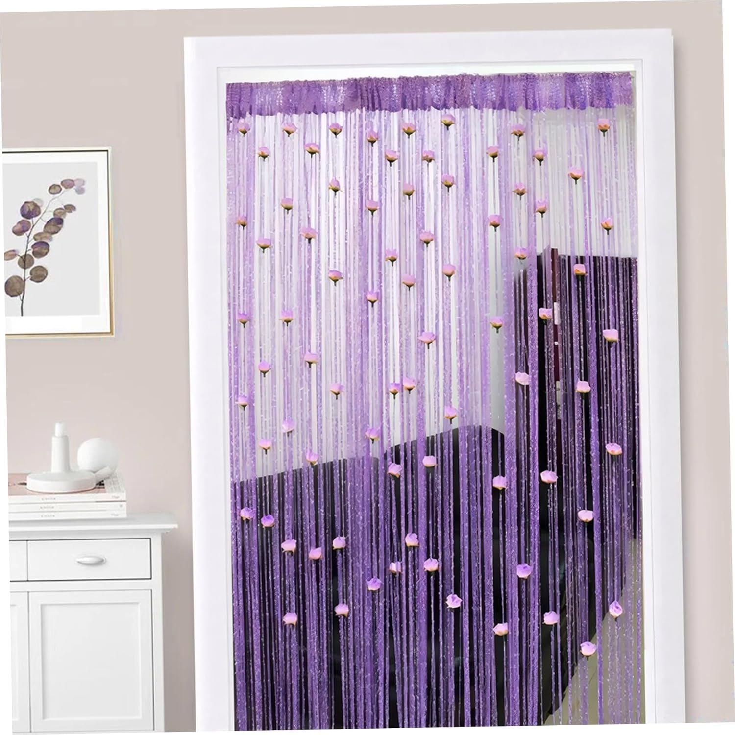 Beaded Door Curtain with Rose Rod Pocket Thread Fringe Decor