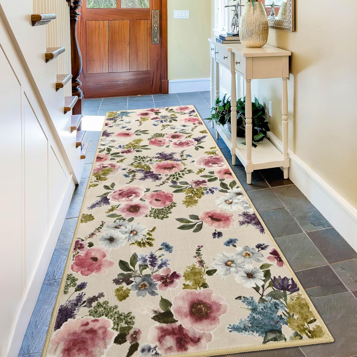 Boho Floral Rug Runner for Hallway Kitchen Non-Slip Soft Machine Washable