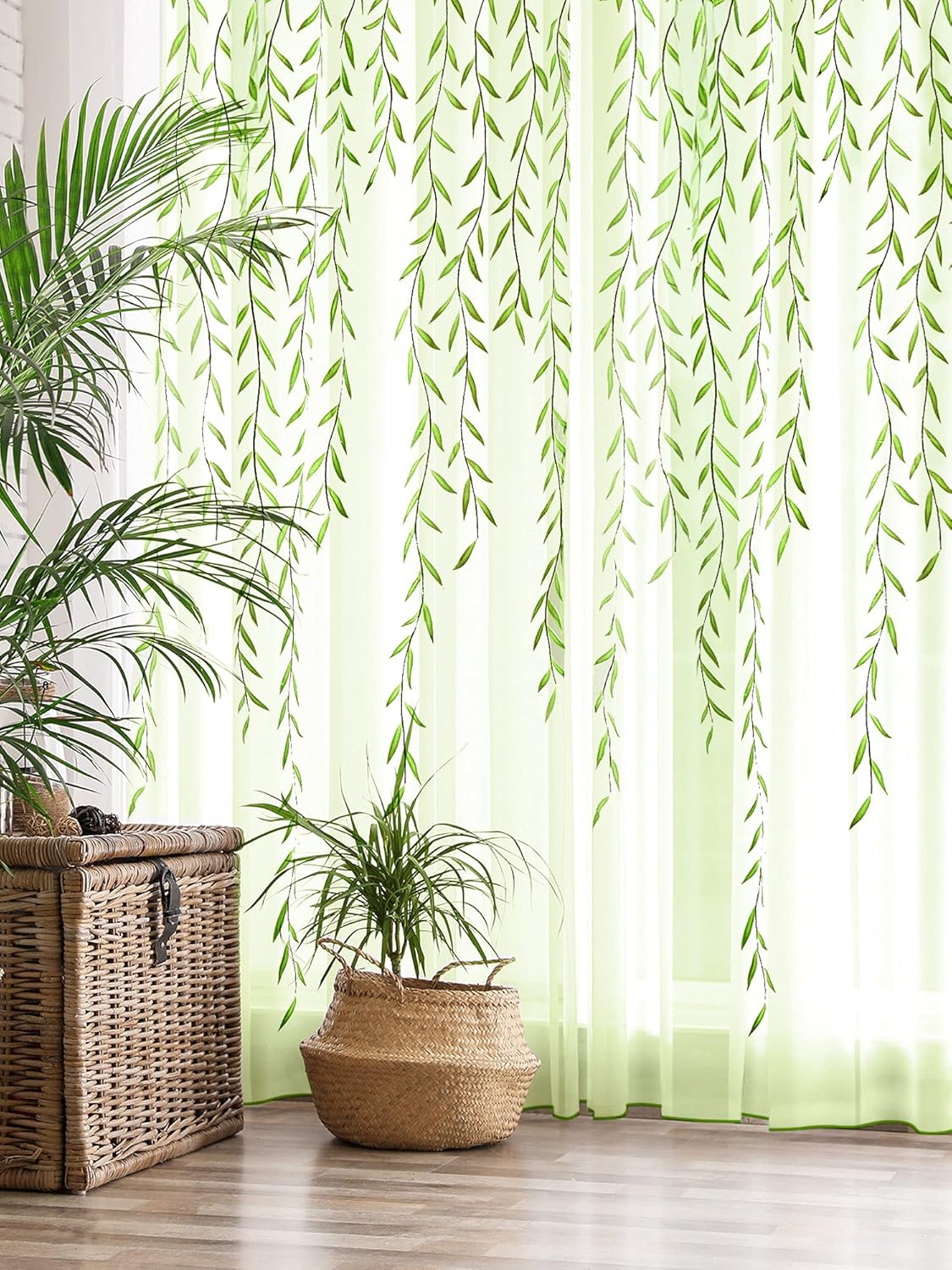 Breling Green Leaf Sheer Curtains 2 Piece Set