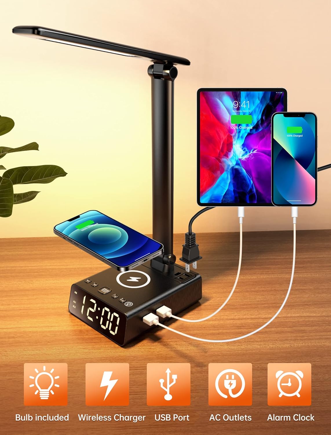 ELMWAY Alarm Clock with USB Charger and Outlets