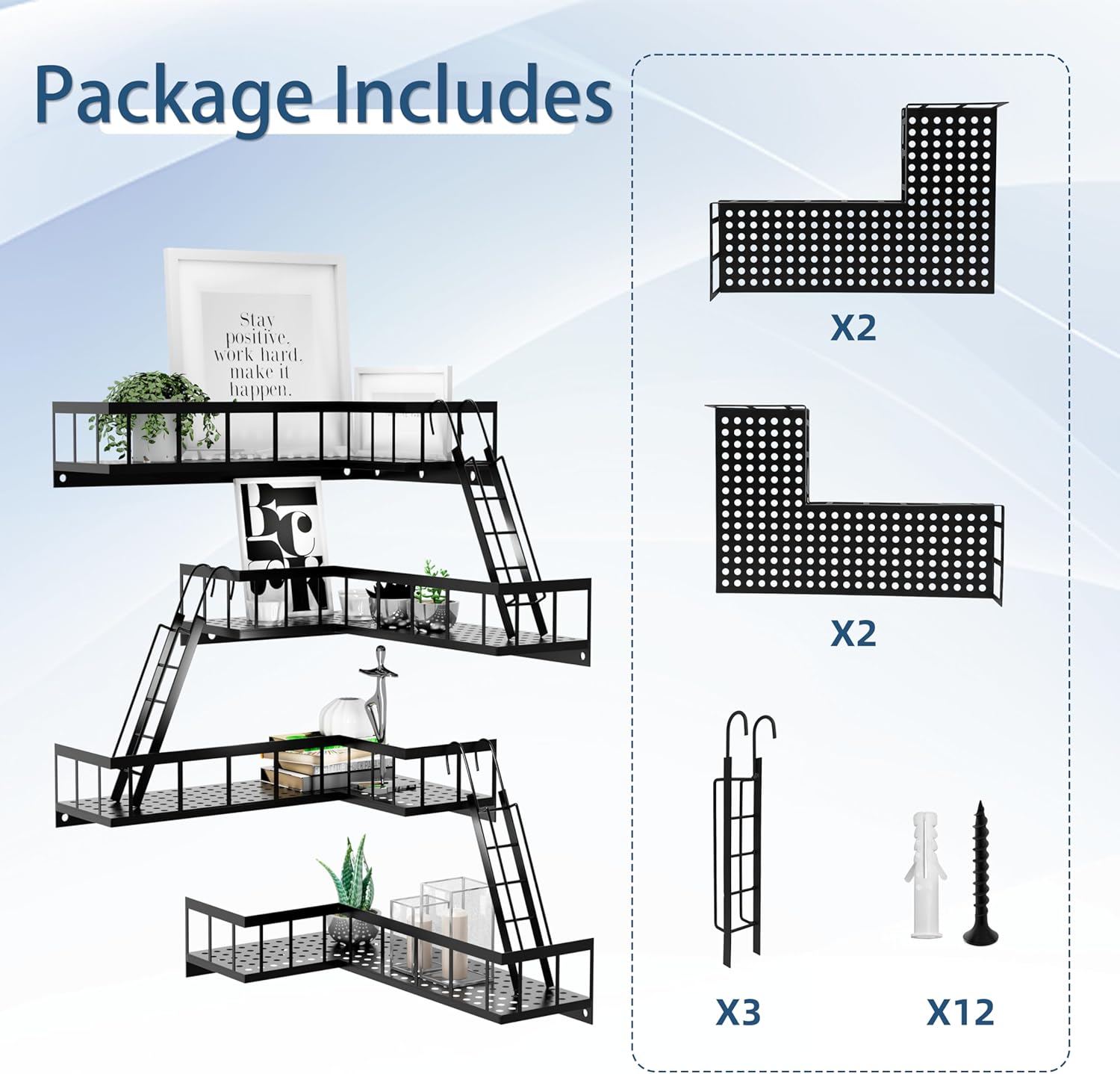 Fire Escape Wall Shelf 4-Tier Modern Corner Display Shelf Black Metal for Home Decor