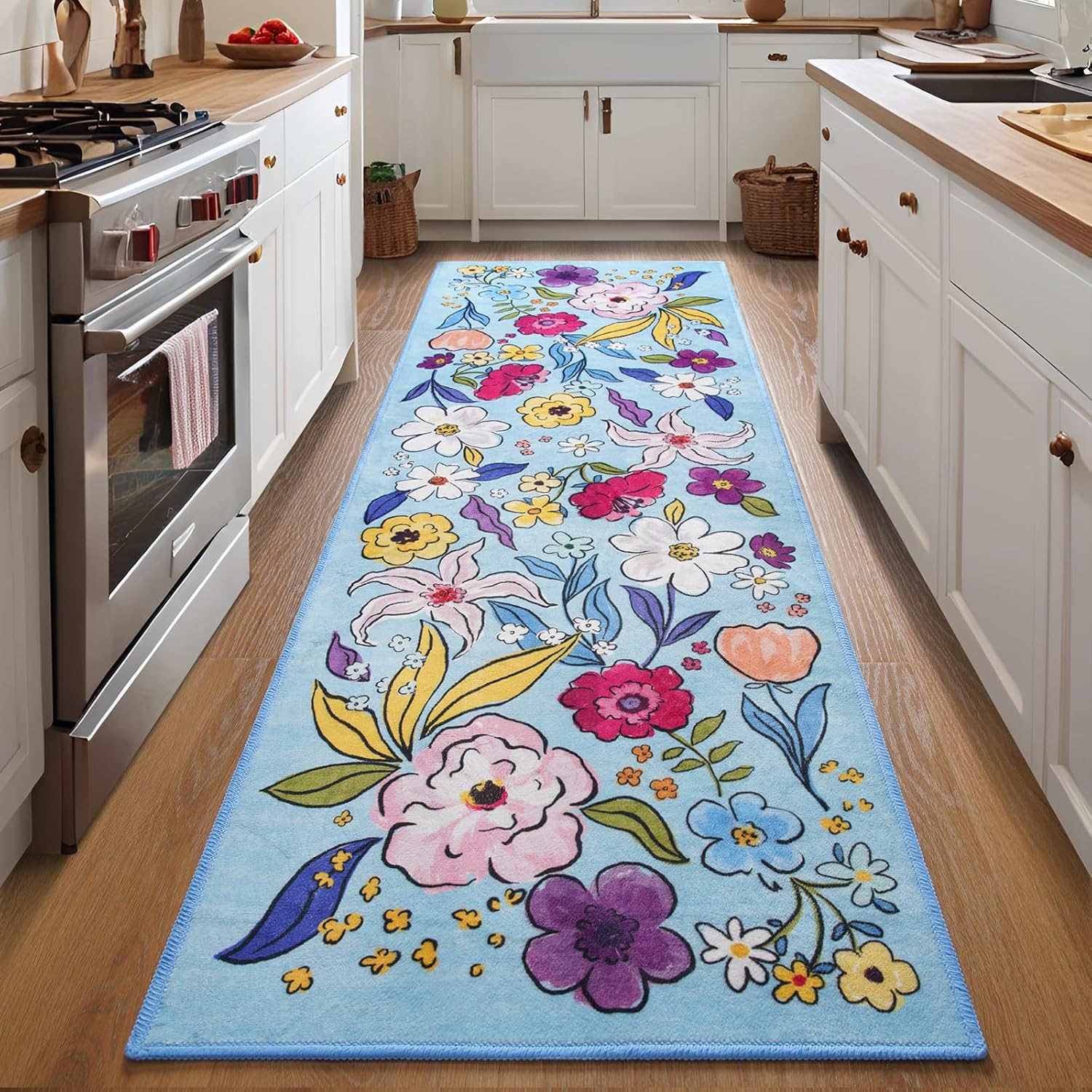 ST BRIDGE Floral Kitchen Runner Rug 2x6 Blue