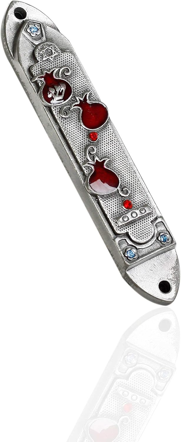 Holy Land Market Pewter Mezuzah with Red and Blue Enamel Stones