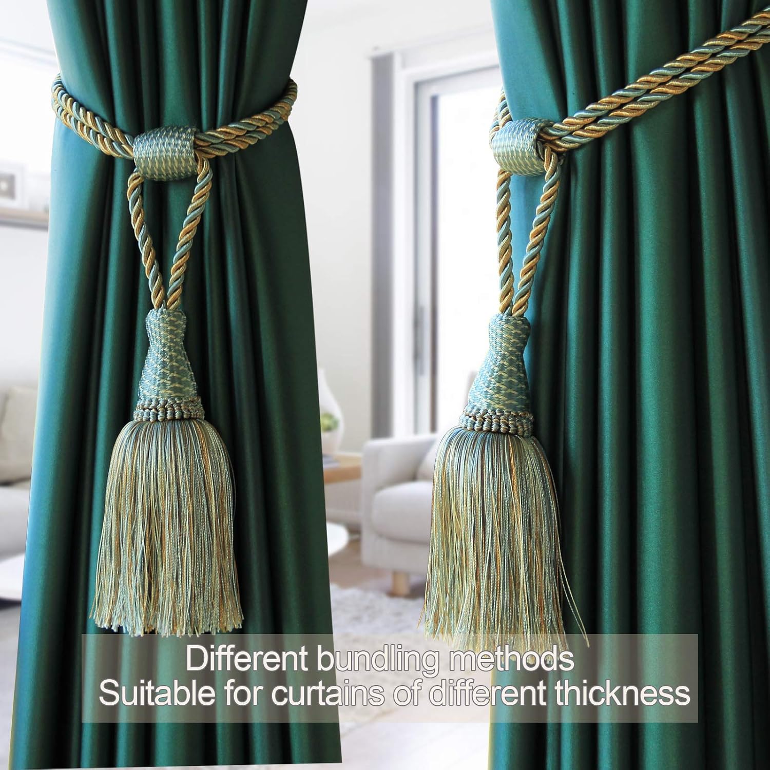 Fenghuangwu Elegant Curtain Tie Backs with Tassel 2 Pack Blue