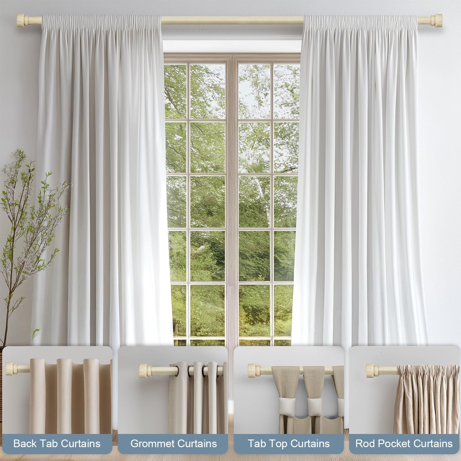 2 Pack White Oak Wood Grain Curtain Rods 1 Inch Diameter Adjustable Heavy Duty Boho Decorative for Windows