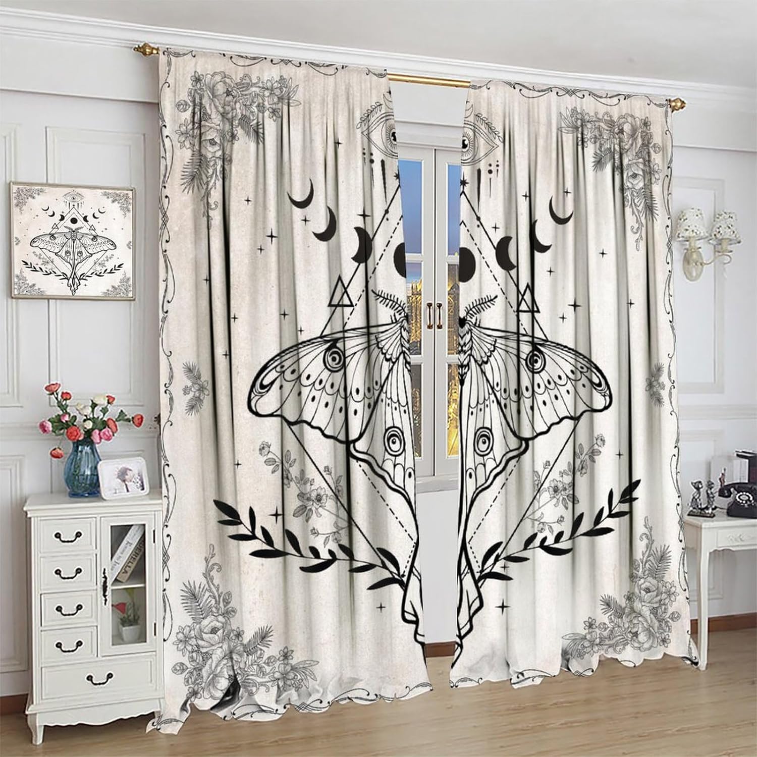 Vintage Boho Moth Curtains with Floral Design 21x45in x2 Panels