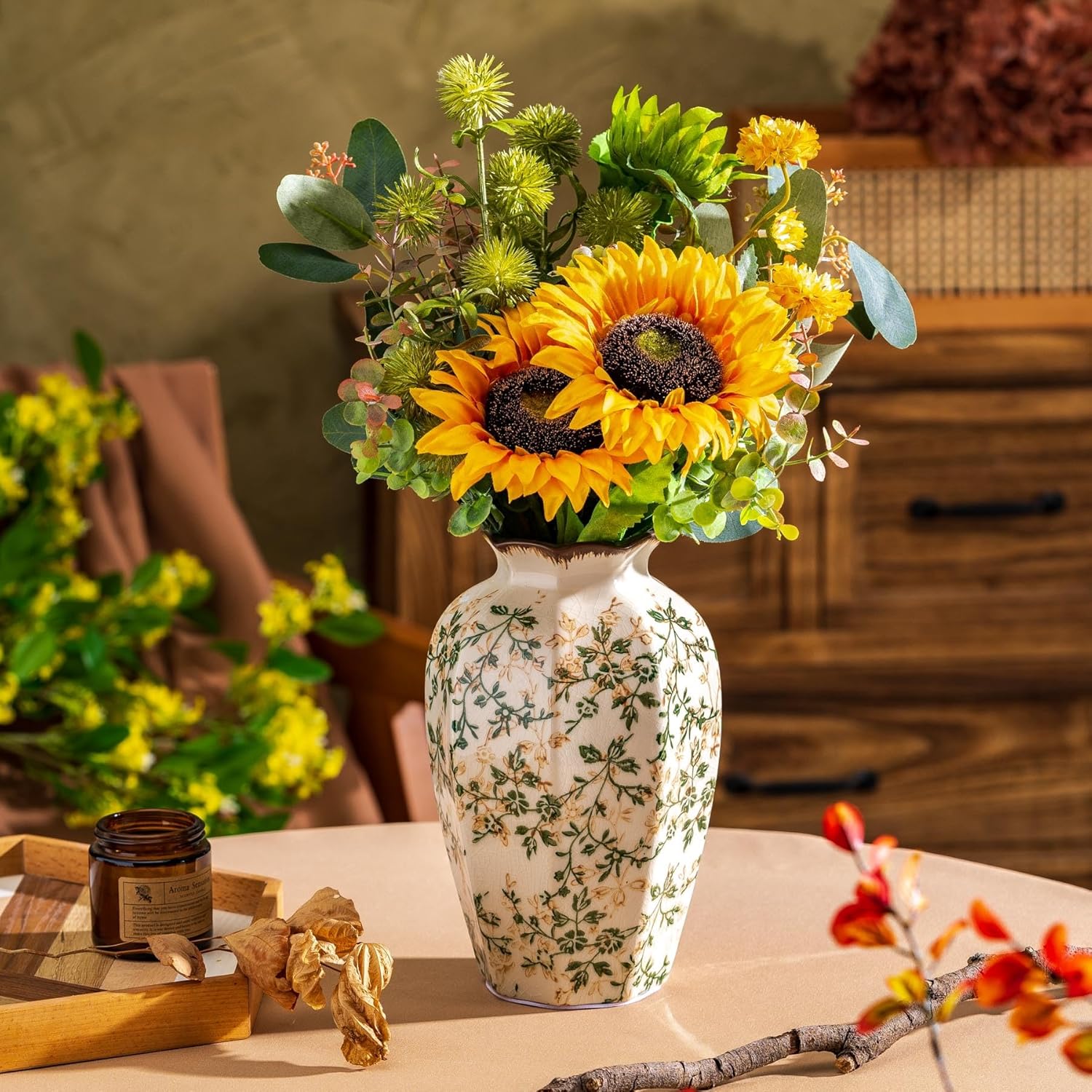 Vintage Pastoral Octagonal Ceramic Vase 91 Inch