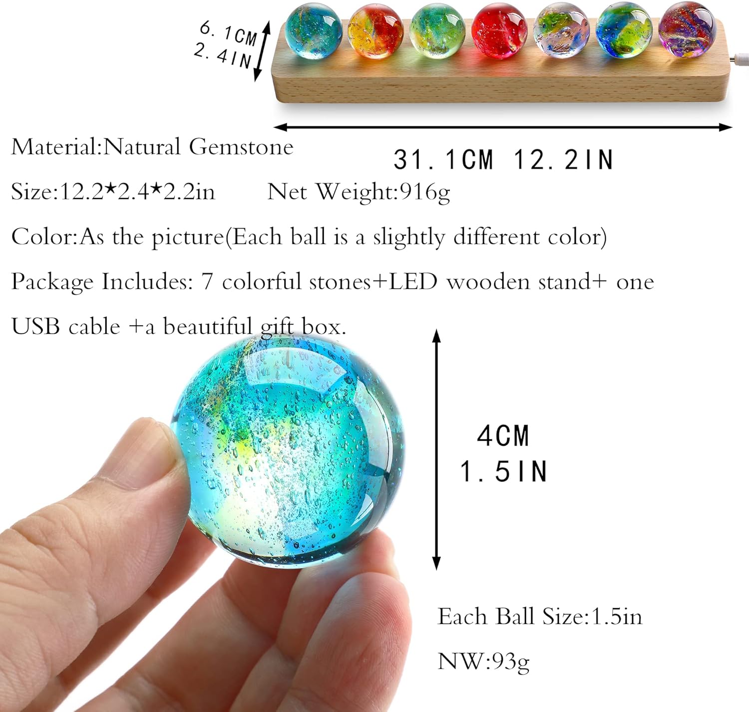 7 Chakra Healing Glass Egg Ornaments with LED Stand 6pcs