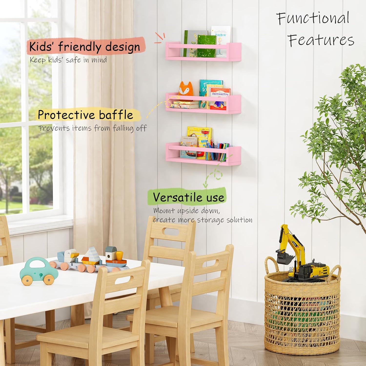 Pink Floating Shelves Set of 3 for Nursery and Kids Room