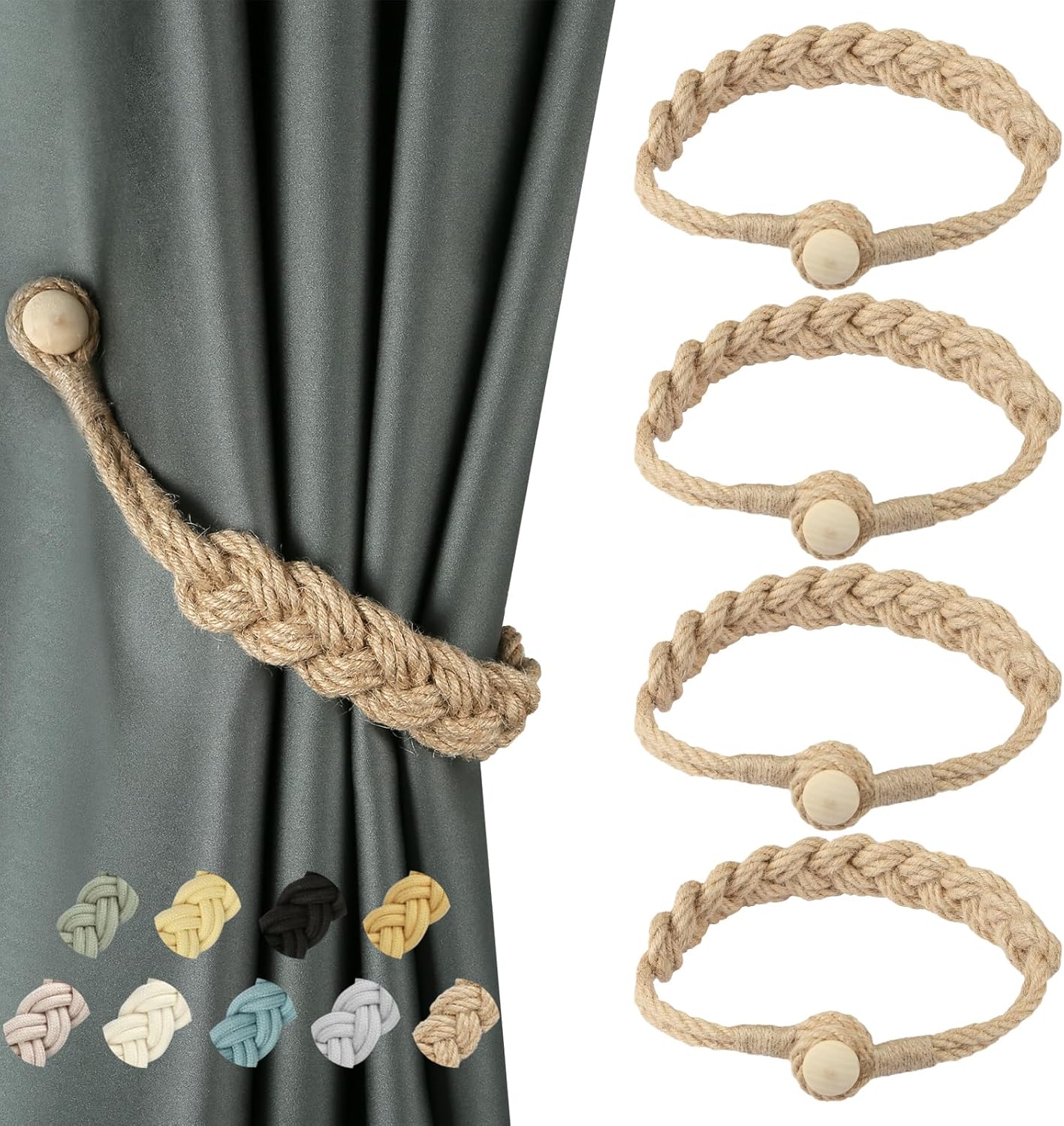 BEL AVENIR Magnetic Jute Curtain Tiebacks 4 Pack