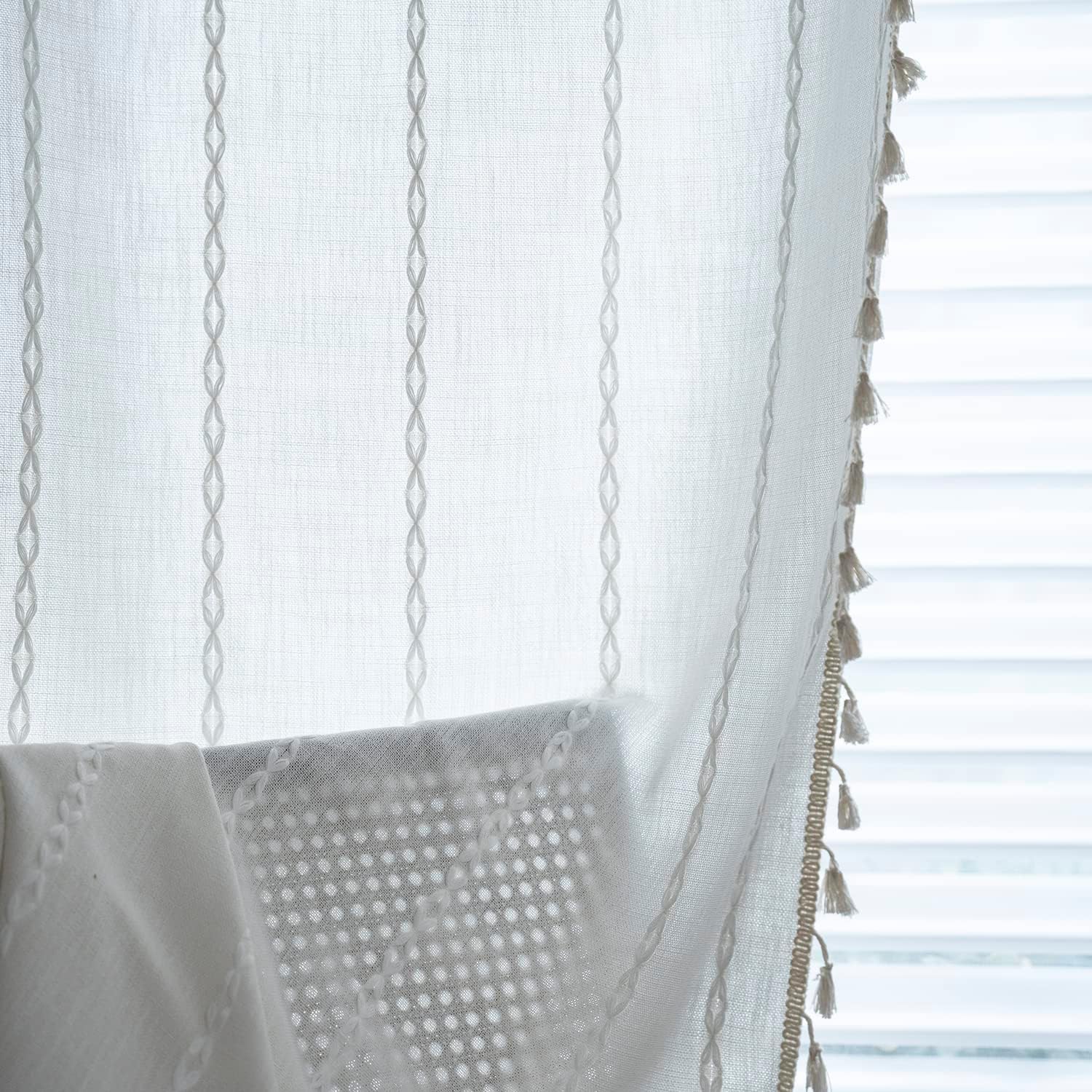 ColorBird White Curtains 2 Panels Rod Pocket Farmhouse Style