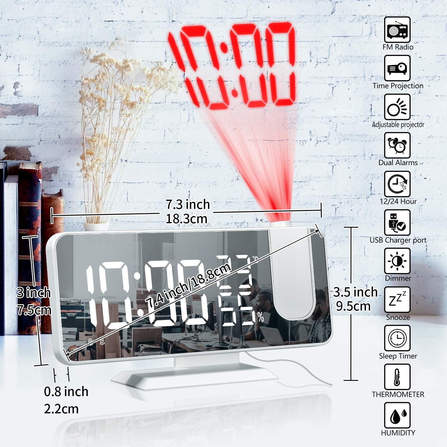 Hanaix Projection Alarm Clock with USB Temperature Humidity Display 73 Mirror Screen 24H Snooze Dual Alarm