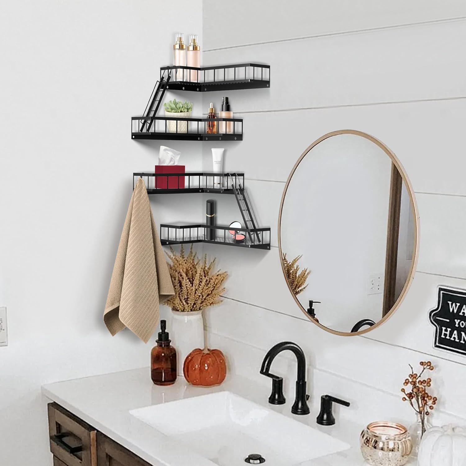 Fire Escape Wall Shelf 4-Tier Modern Corner Display Shelf Black Metal for Home Decor