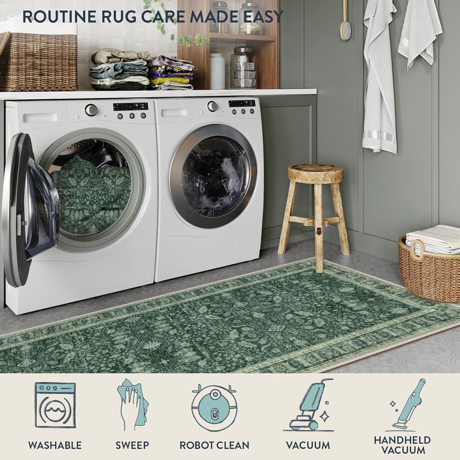 Lahome Vintage Green Washable Kitchen Runner Rug 2x6ft