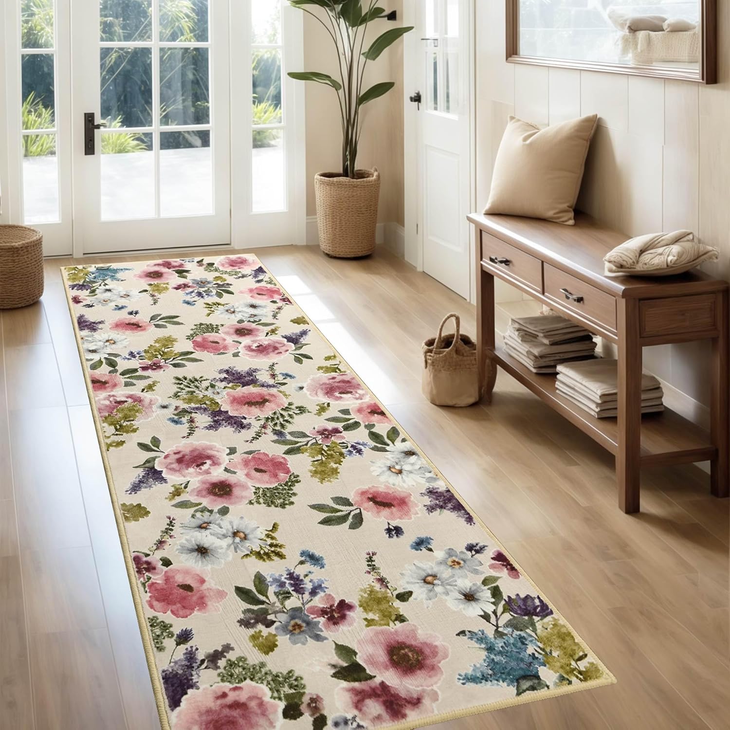 Boho Floral Rug Runner for Hallway Kitchen Non-Slip Soft Machine Washable