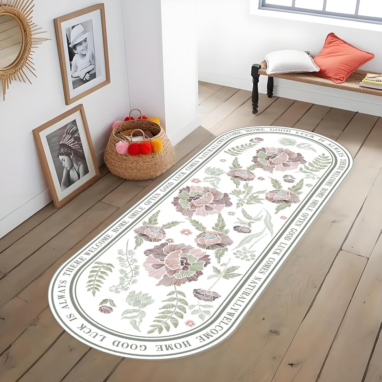 Oval Aisle Area Rug 2x7ft Vintage Floral Pattern Carpet for Home Living Room