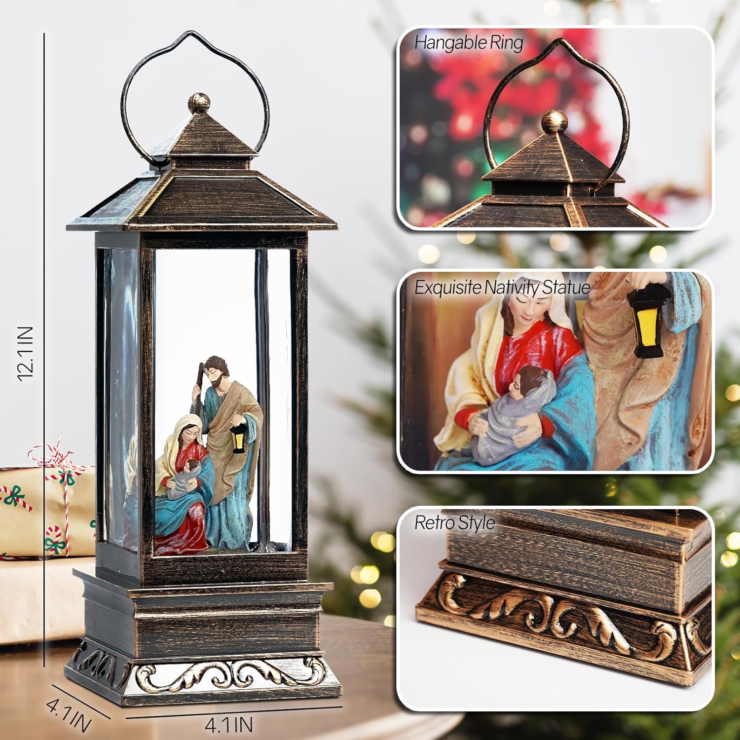 12 Inch Christmas Snow Globe with Nativity Scene and Music LED Light Lantern - USB or Battery Operated Home Decor Gift