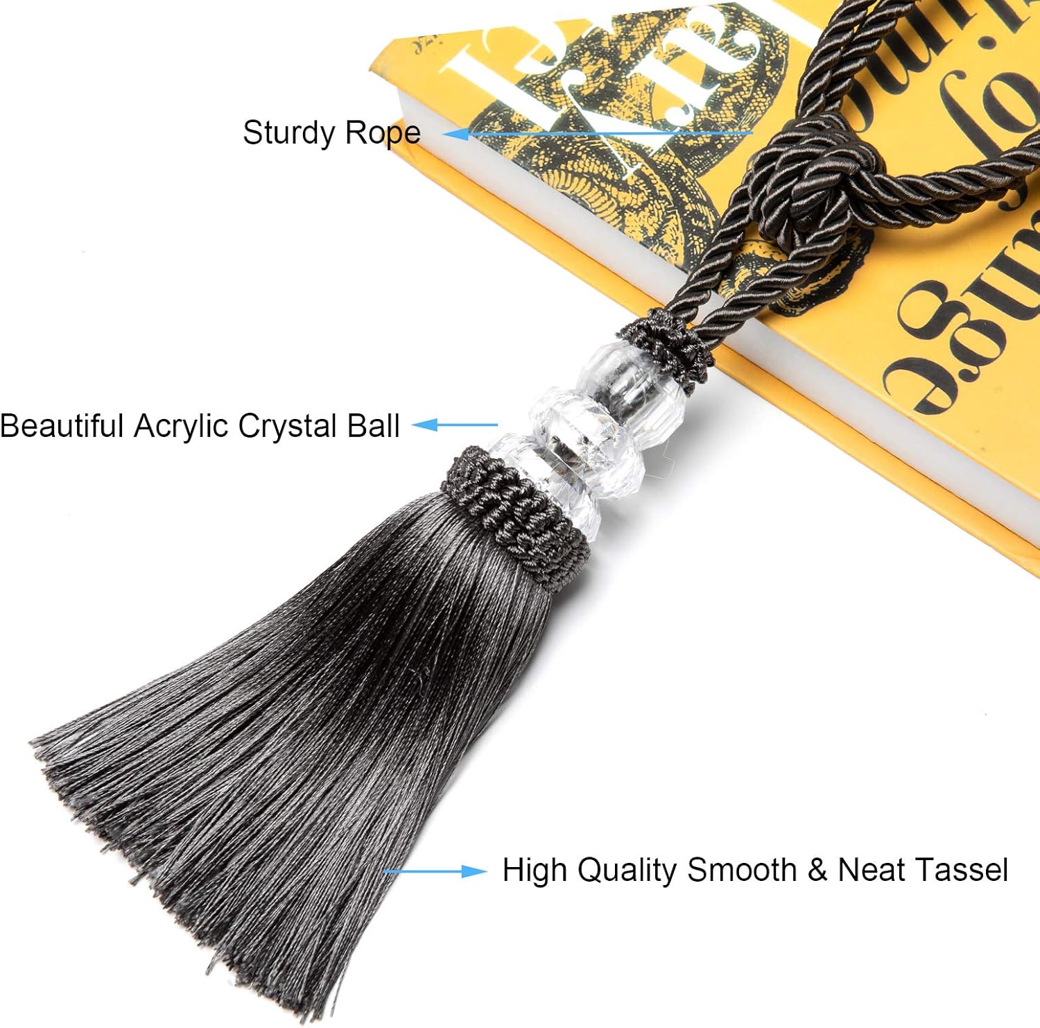 Fenghuangwu Tassel Curtain Tiebacks Elegant Crystal Holdbacks for Home Office Decor Charcoal 2P