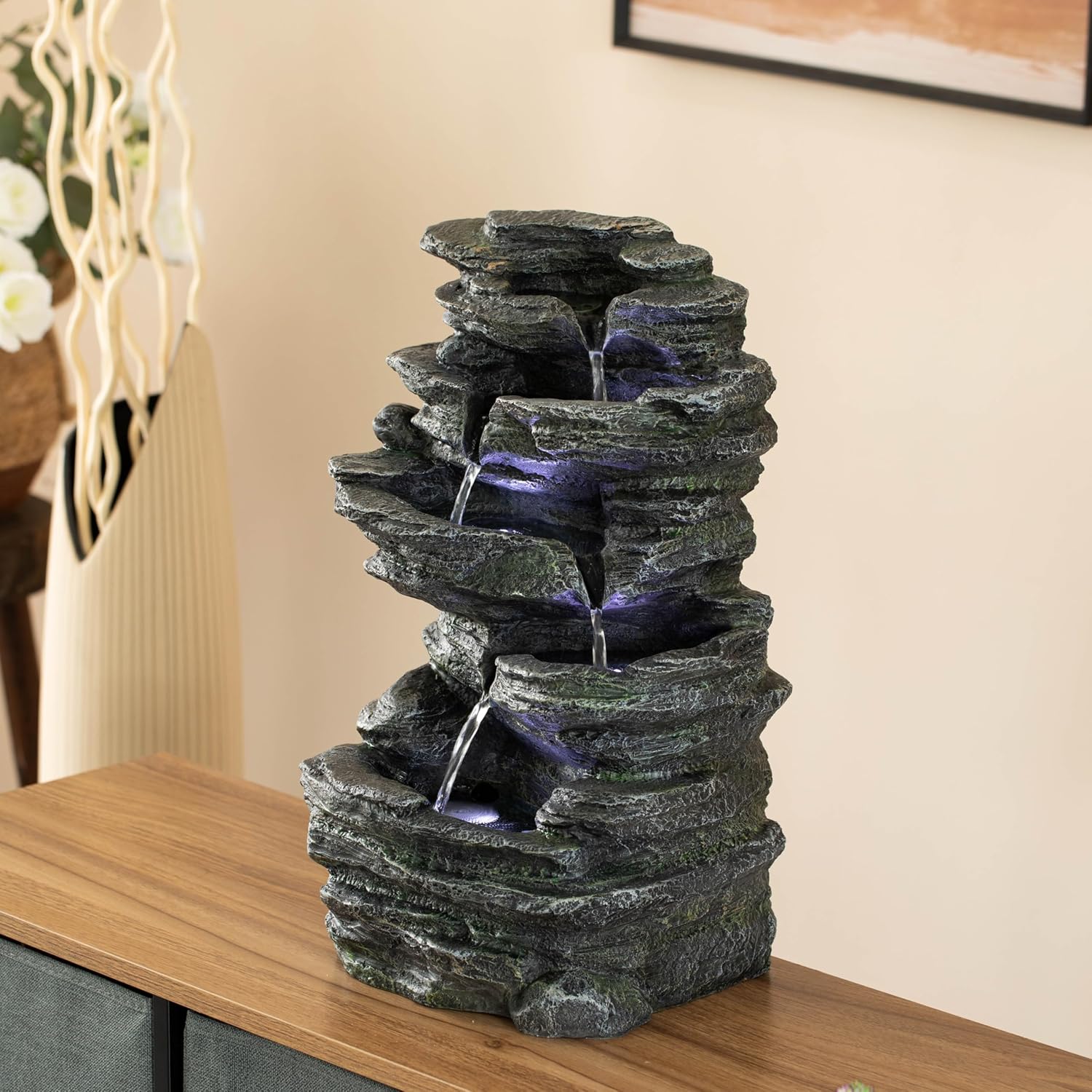 Cascading 5-Tier Electric Rock Water Fountain with LED Lights 18 In