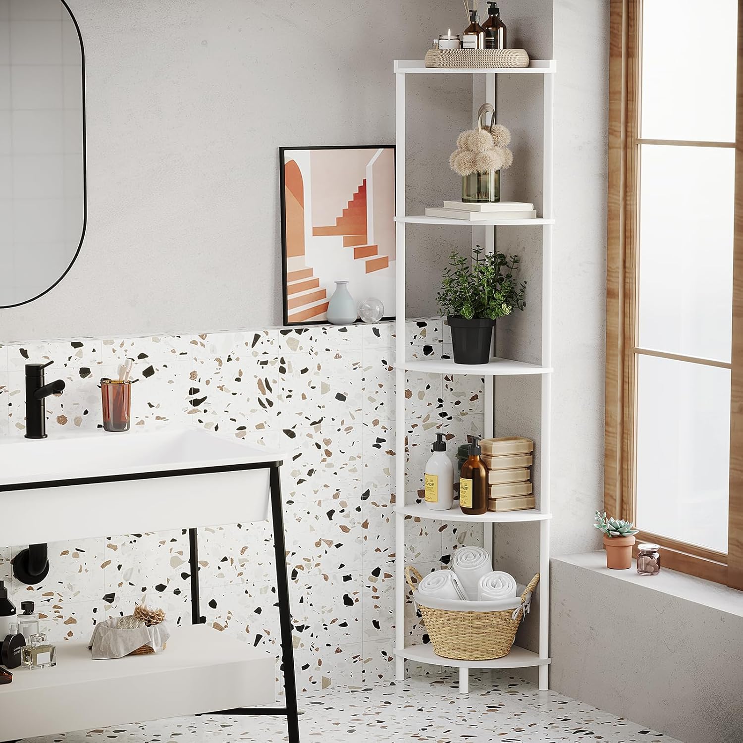 SUNMORY 5 Tier Corner Shelf Stand for Living Room Decor Wall Corner Bookshelf Storage White