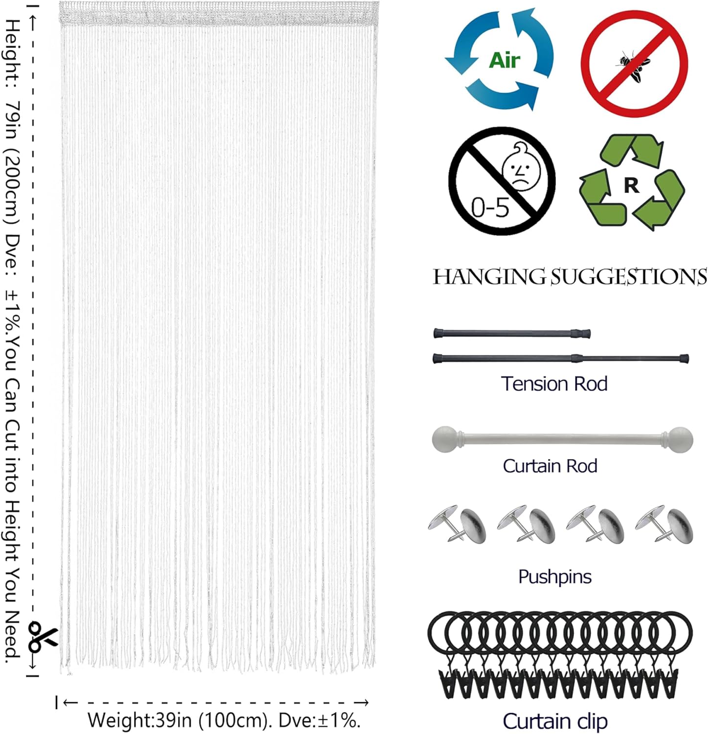 4 Piece White Beaded Curtain with Tassel Hanging Room Divider Decor Panel for Doors and Windows