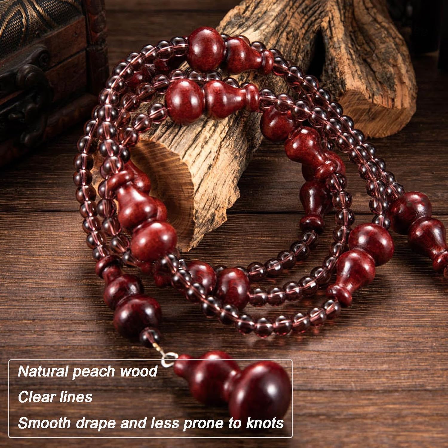 Wood Beaded Door Curtain with Gourd Shape Retro Style 44 Strands 145x155cm