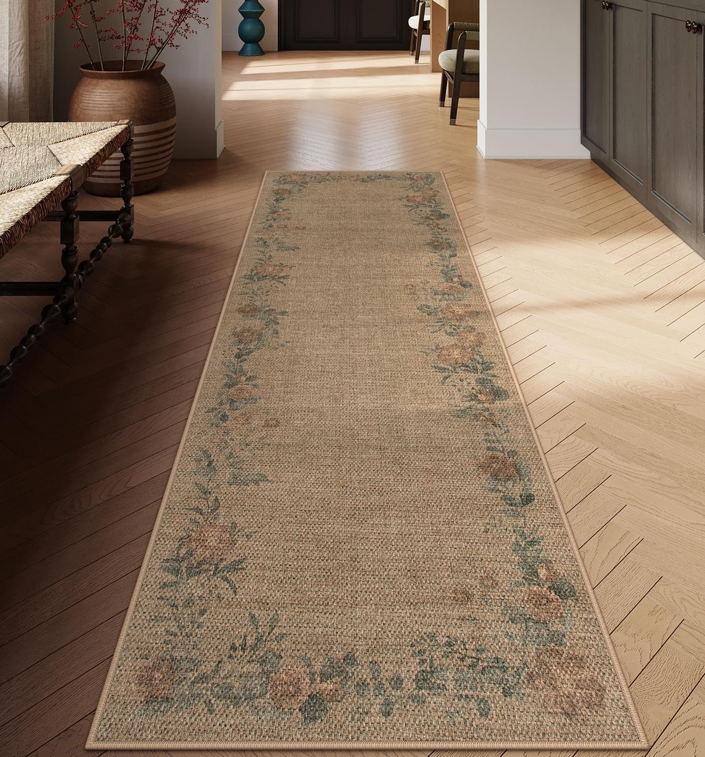 Lahome Floral Jute Runner Rug 2x8 Non Slip Indoor Outdoor