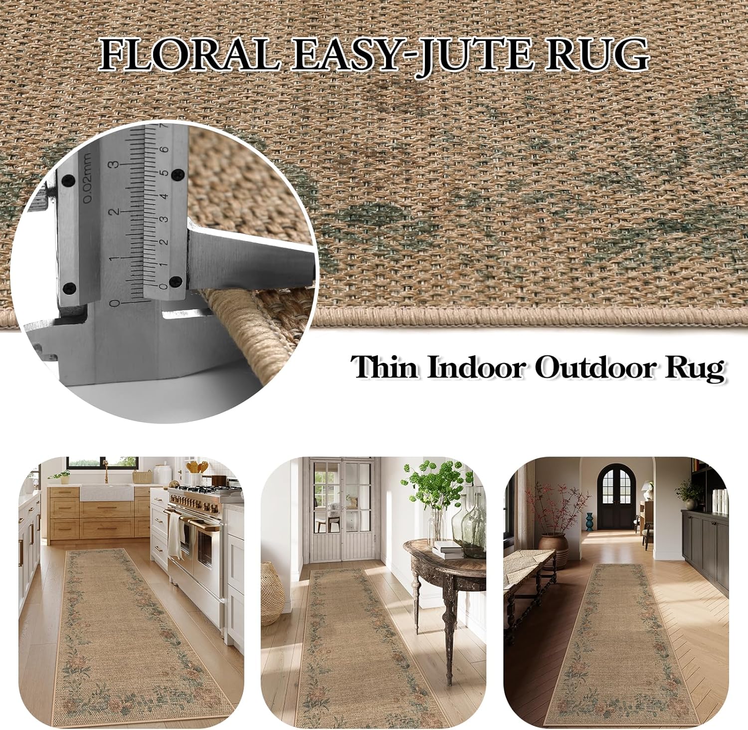Lahome Floral Jute Runner Rug 2x8 Non Slip Indoor Outdoor