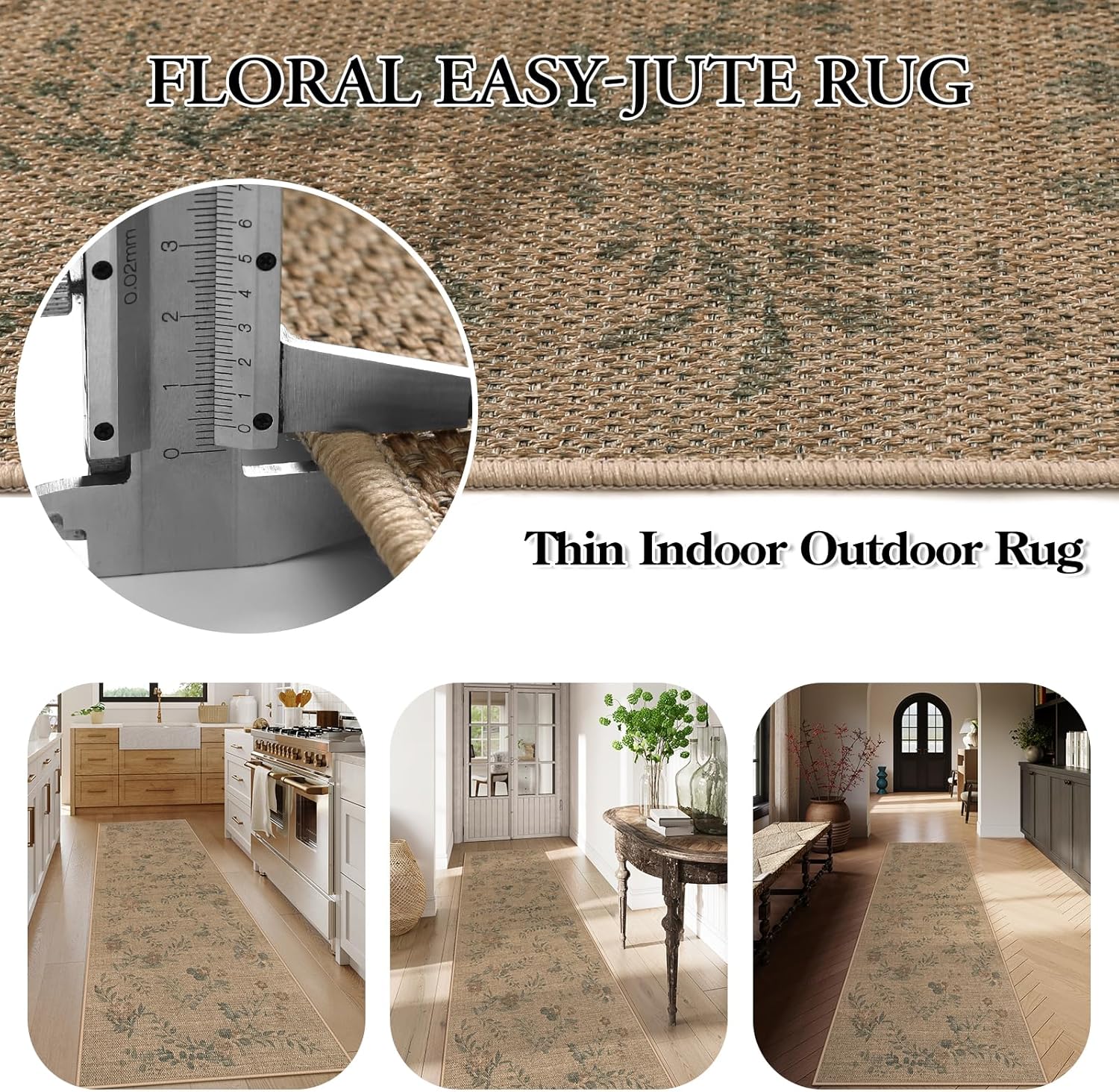 Lahome Floral Jute Hallway Rug 2x8 Non Slip Washable Carpet for Entryway