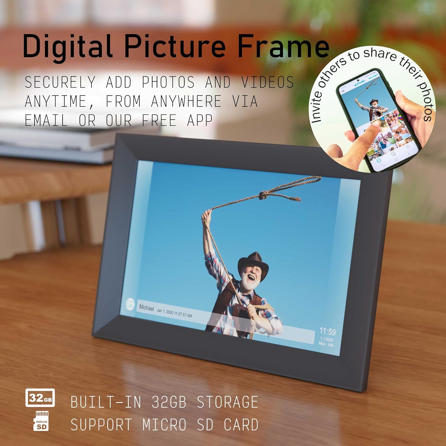 101 Digital Clock for Seniors Remote Photo Sharing Medication Reminders Auto Slideshow Dementia Aid Black Desk Mount