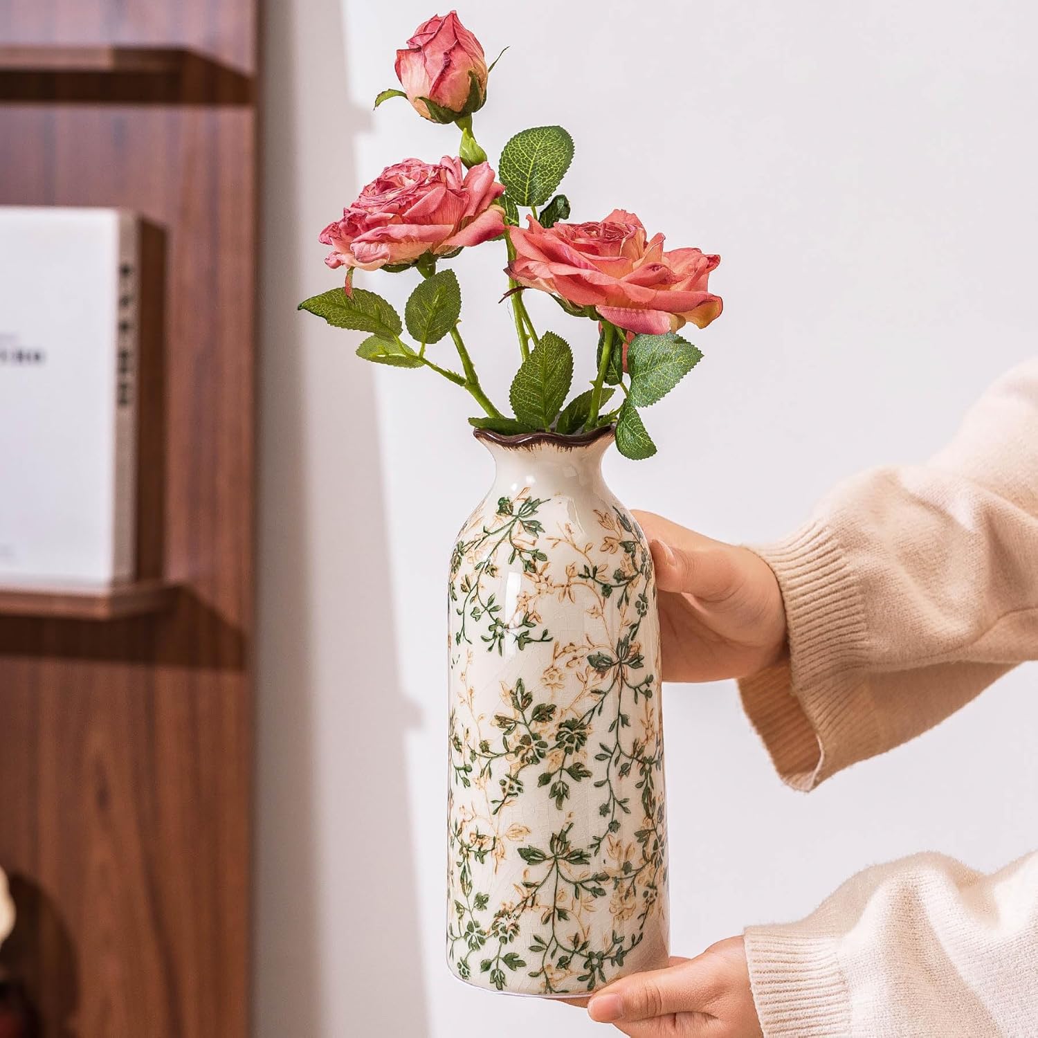 Set of 3 Ceramic Vases Vintage Green and Beige