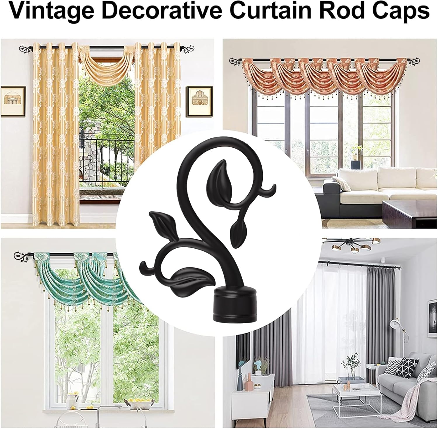 6Pcs Black Plastic Curtain Rod Caps with Leafy Branches Design
